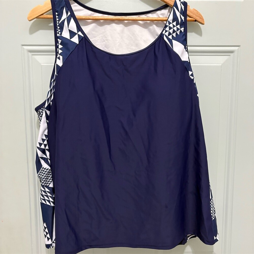 Nieyook Tankini Swim Top Womens M Navy White Geometric Blouson Built-In